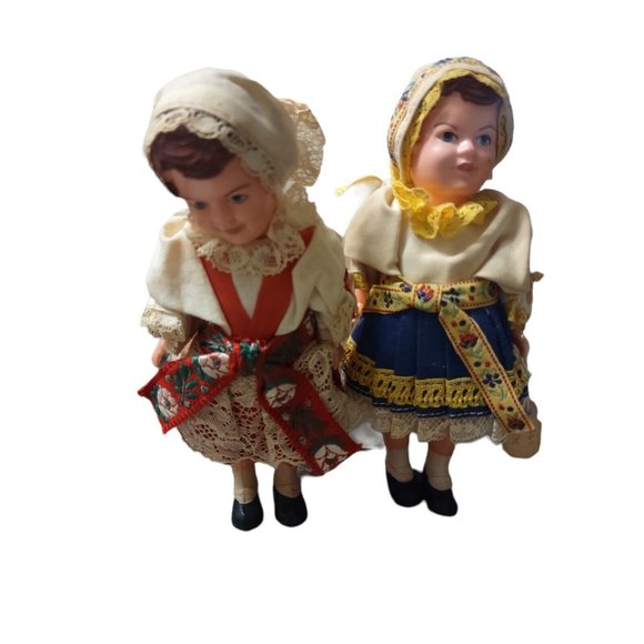 2 Vintage Creepy 1965 Czechoslovakia Hard Plastic Dolls Eyes Close Lace Dresses - Picture 1 of 7